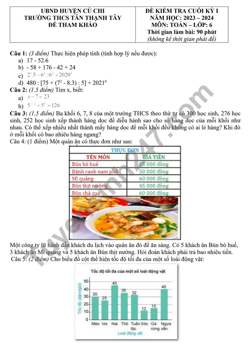 De tham khao ki 1 mon Toan lop 6 - THCS Tan Thanh Tay 2023