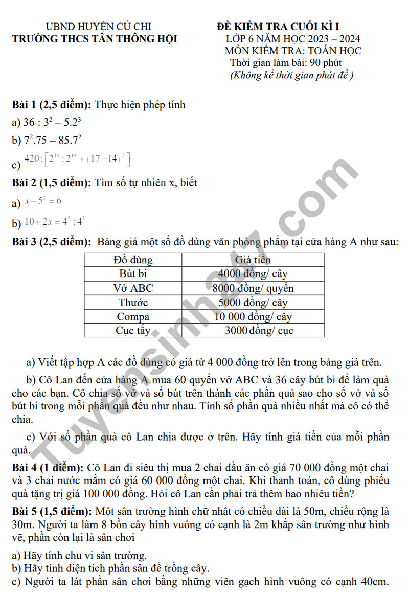 De tham khao ki 1 mon Toan lop 6 nam 2023 - THCS Tan Thong Hoi