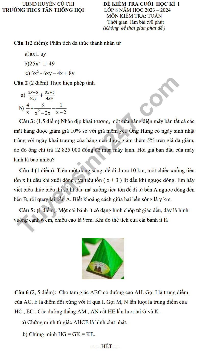 De tham khao cuoi ki 1 mon Toan lop 8 - THCS Tan Thong Hoi 2023