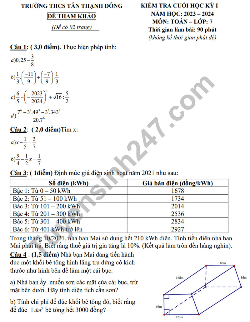De tham khao ki 1 mon Toan lop 7 - THCS Tan Thanh Dong 2023