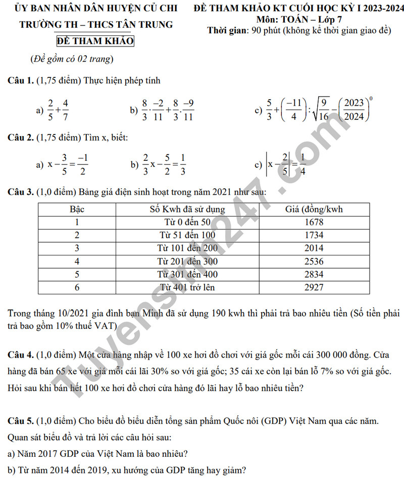De tham khao ki 1 mon Toan lop 7 nam 2023 - TH&THCS Tan Trung