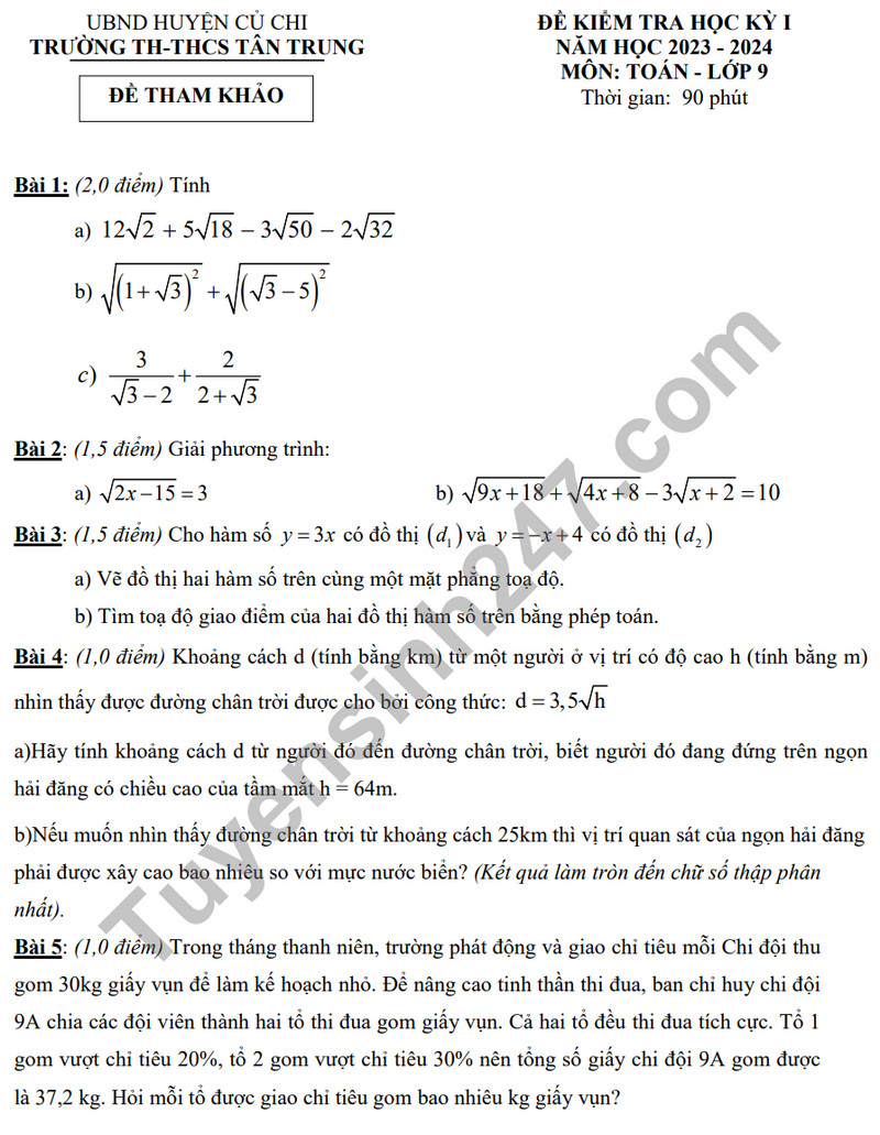 De tham khao ki 1 mon Toan lop 9 - TH&THCS Tan Trung 2023