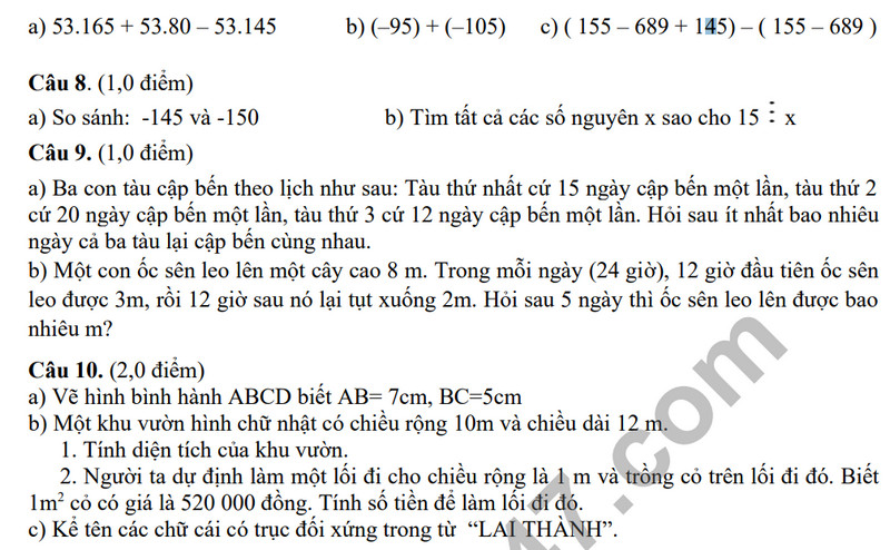 De thi hoc ki 1 mon Toan lop 6 - THCS Lai Thanh 2023