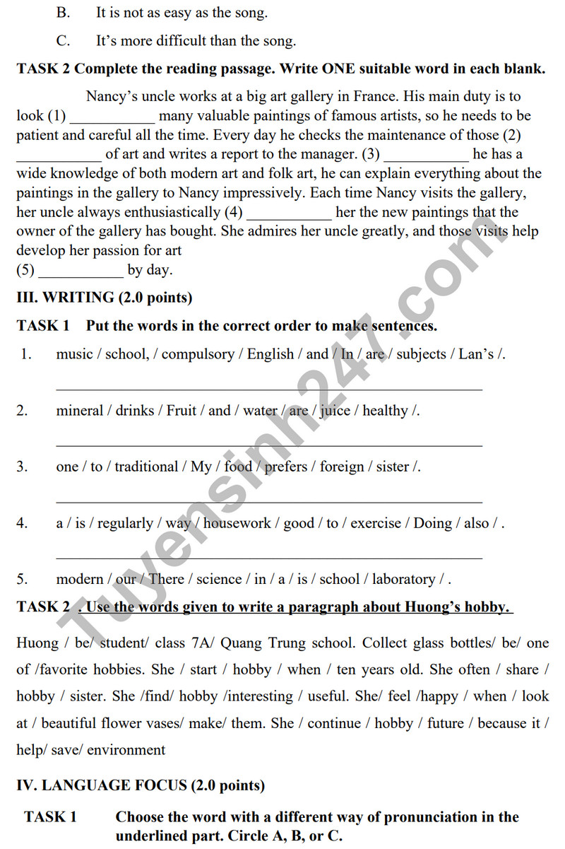 De thi ki 1 mon Anh lop 7 - THCS Lai Thanh 2023