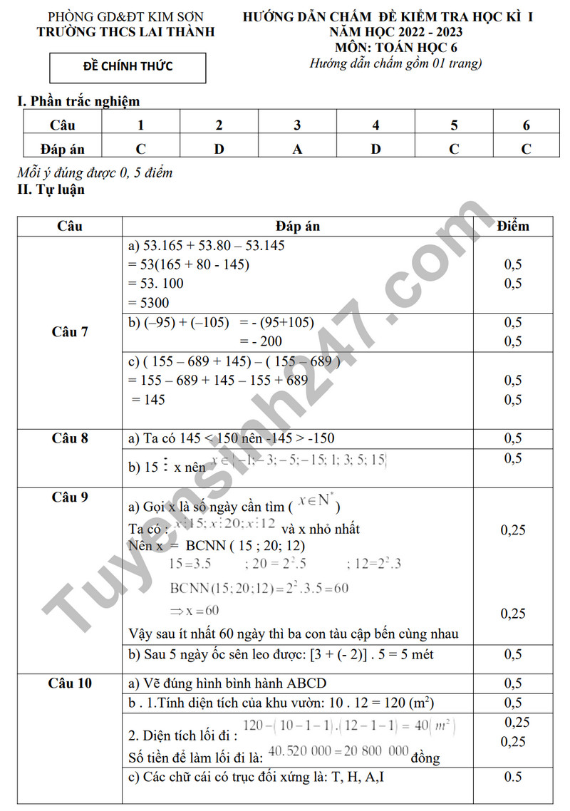 De thi hoc ki 1 mon Toan lop 6 - THCS Lai Thanh 2023