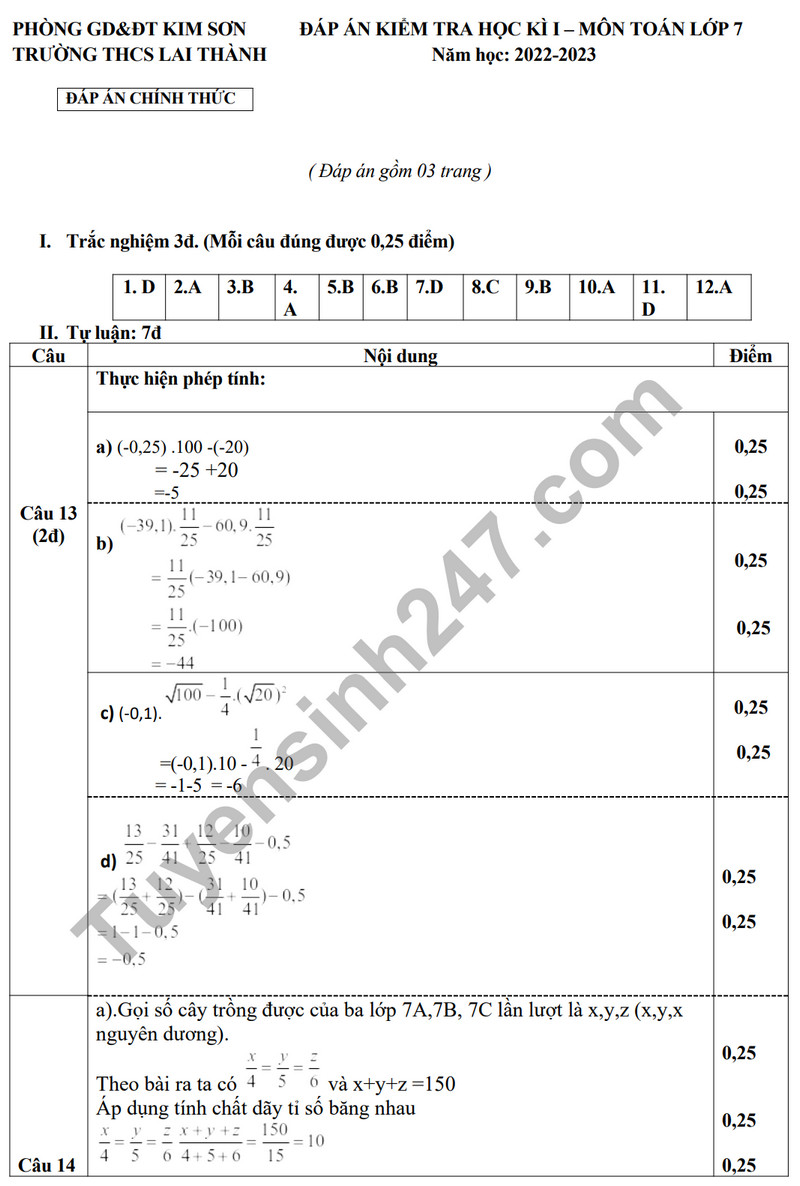 De thi ki 1 mon Toan lop 7 - THCS Lai Thanh 2023