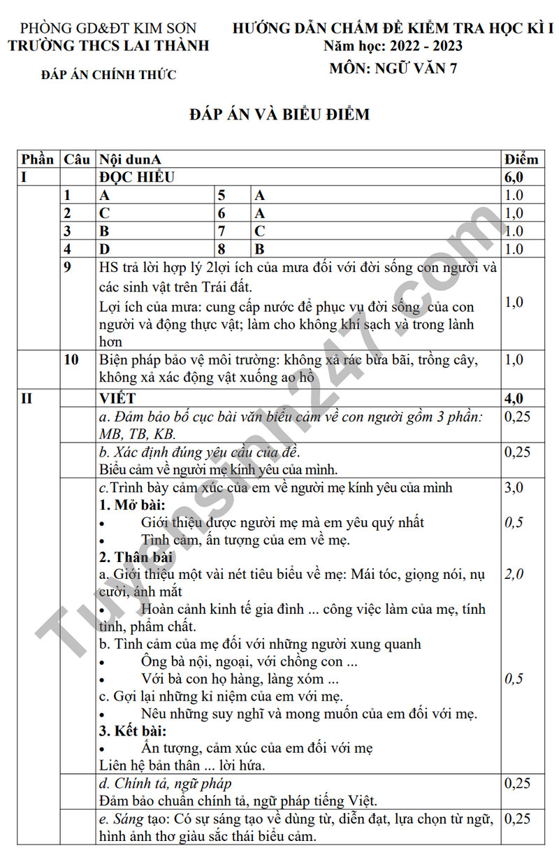 De thi ki 1 mon Van lop 7 nam 2023 - THCS Lai Thanh