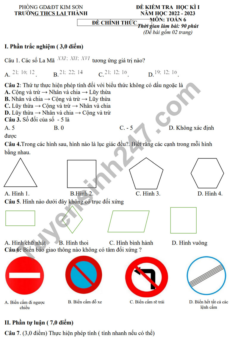 De thi hoc ki 1 mon Toan lop 6 - THCS Lai Thanh 2023