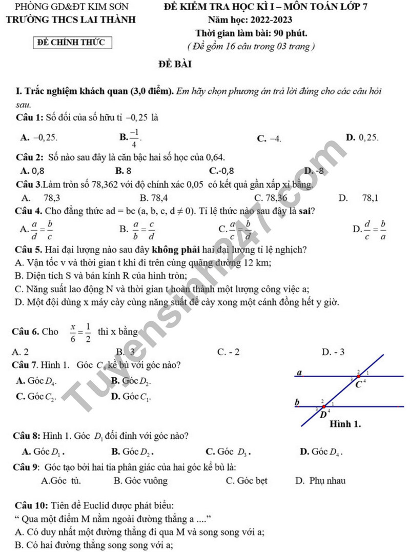 De thi ki 1 mon Toan lop 7 - THCS Lai Thanh 2023