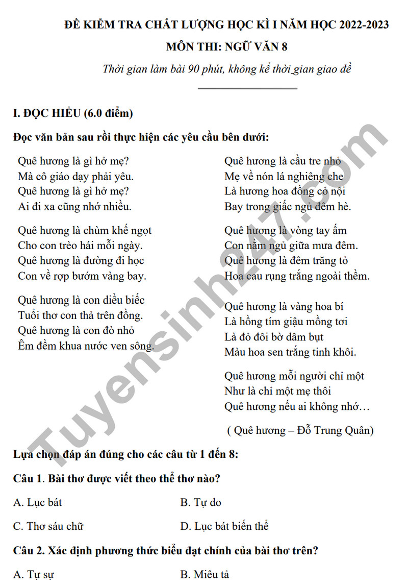De thi ki 1 nam 2023 mon Van lop 8 - THCS Lai Thanh