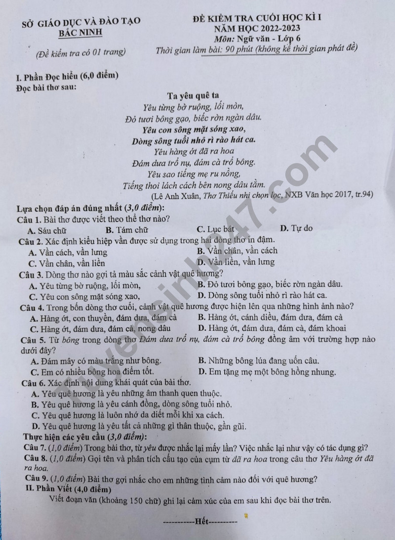 De thi ki 1 mon Van lop 6 nam 2023 - So GD Bac Ninh