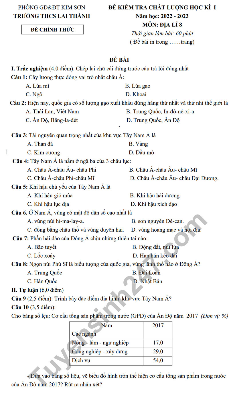 De thi ki 1 mon Dia lop 8 - THCS Lai Thanh 2023