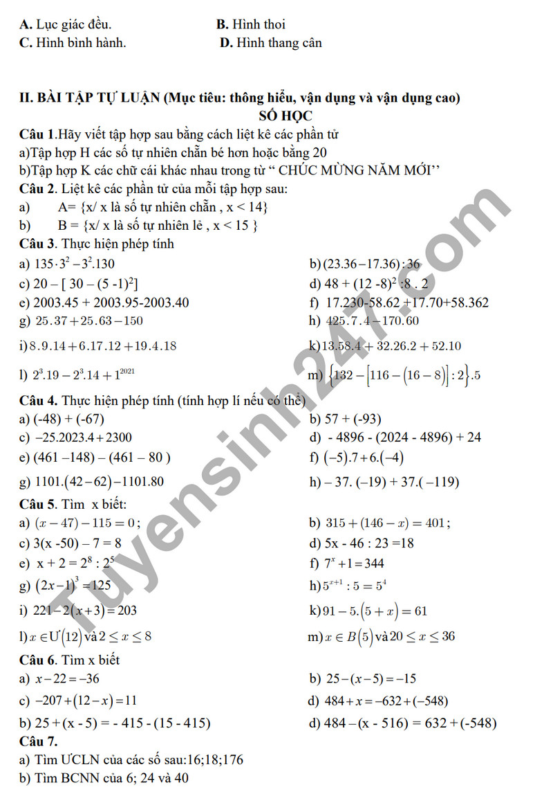 De cuong on tap ki 1 mon Toan lop 6 nam 2023 - THCS Phan Chu Trinh