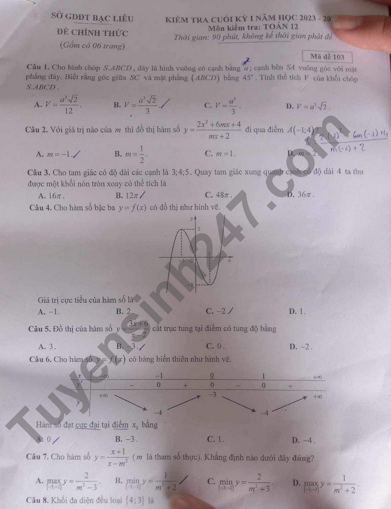 De thi ki 1 mon Toan lop 12 - So GD Bac Lieu 2023