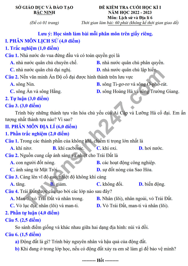 De thi ki 1 mon Su va Dia lop 6 - So GD Bac Ninh 2023