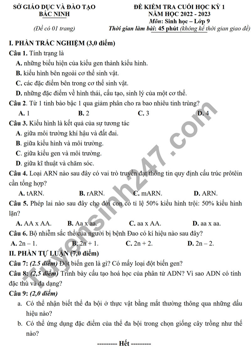 De thi ki 1 mon Sinh lop 9 - So GD Bac Ninh 2023