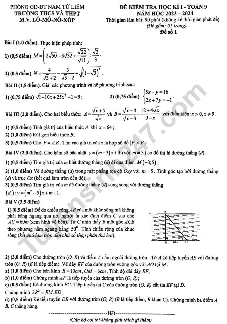 De thi ki 1 lop 9 mon Toan 2023 - THCS THPT Lomonoxop