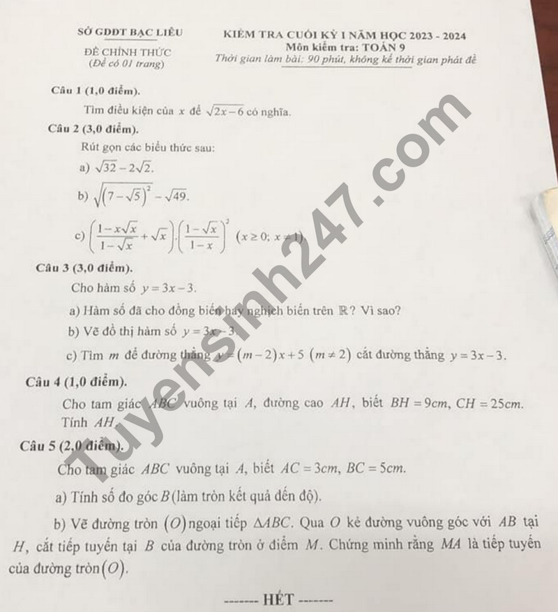 De thi ki 1 mon Toan lop 9 nam 2023 - So GD Bac Lieu