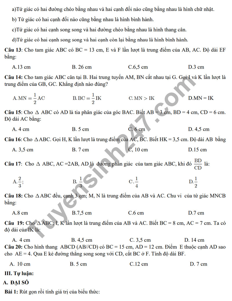 De cuong on tap ki 1 mon Toan lop 8 - THCS Phan Chu Trinh 2023
