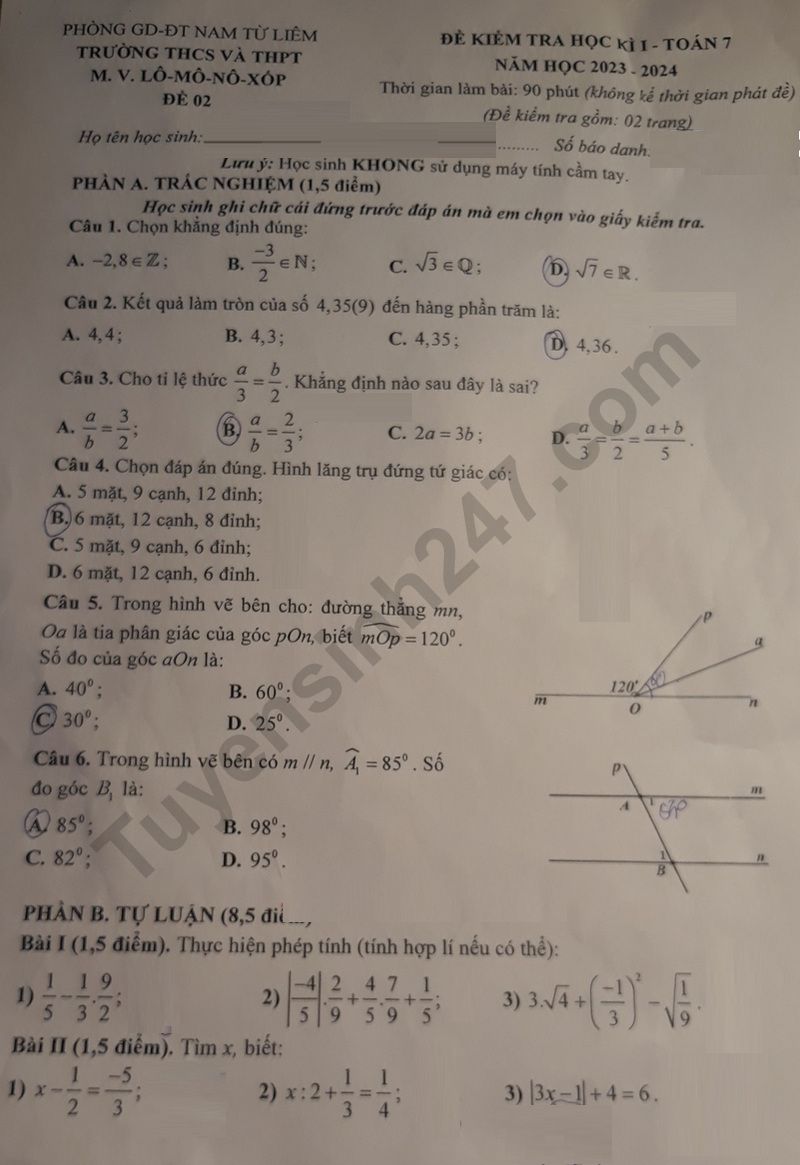 De thi ki 1 lop 7 mon Toan 2023 - THCS THPT Lomonoxop