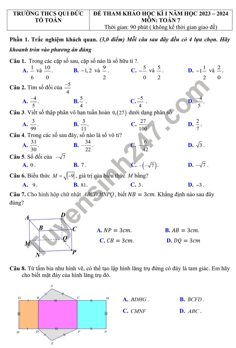 De tham khao ki 1 mon Toan lop 8 - THCS Qui Duc 2023