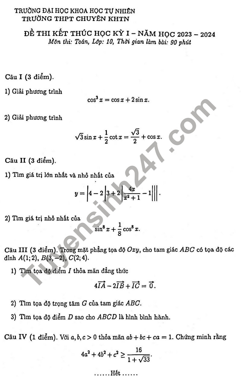 De thi cuoi ki 1 mon Toan lop 10 nam 2023 - THPT chuyen KHTN