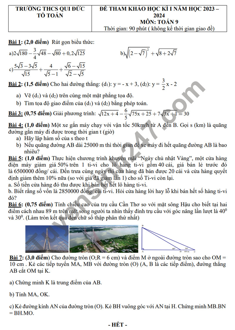 De tham khao ki 1 mon Toan lop 9 nam 2023 - THCS Qui Duc