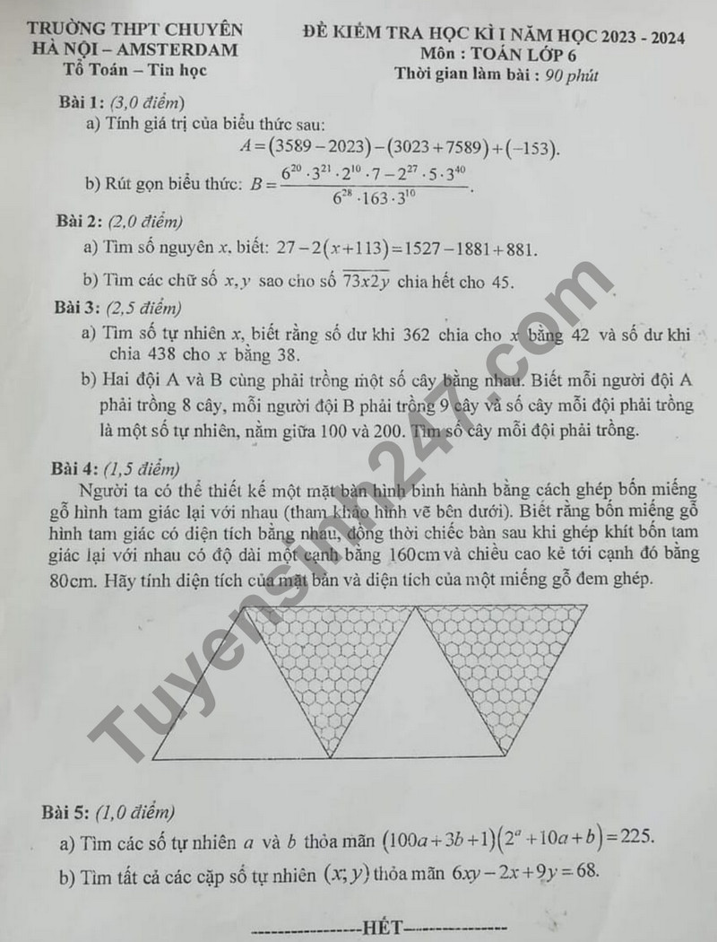 De thi ki 1 mon Toan lop 6 nam 2023 - THPT Chuyen Ha Noi Amsterdam