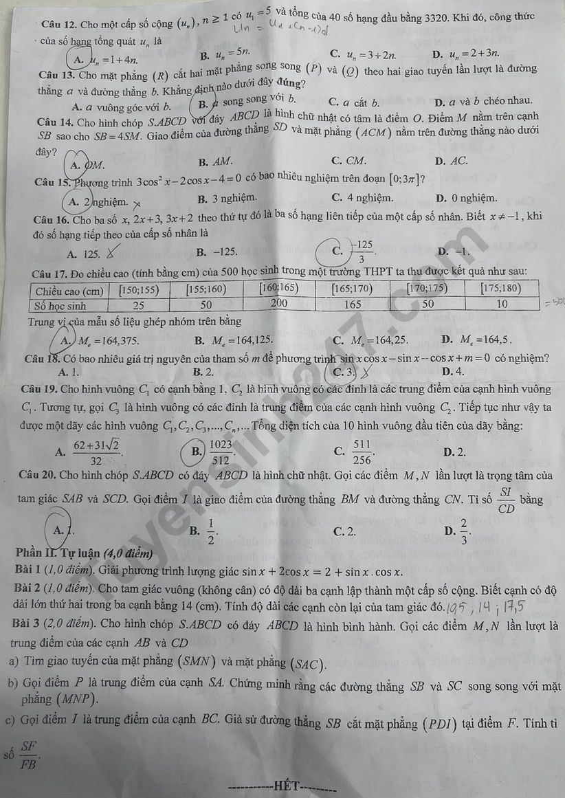 De thi ki 1 mon Toan lop 11 nam 2023 - THPT Chuyen Amsterdam