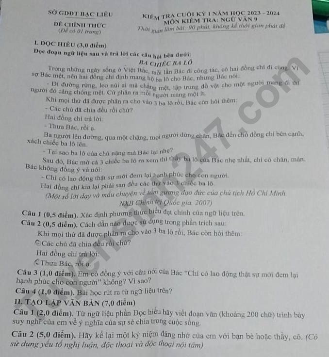 De thi ki 1 mon Van lop 9 nam 2023 - So GD Bac Lieu