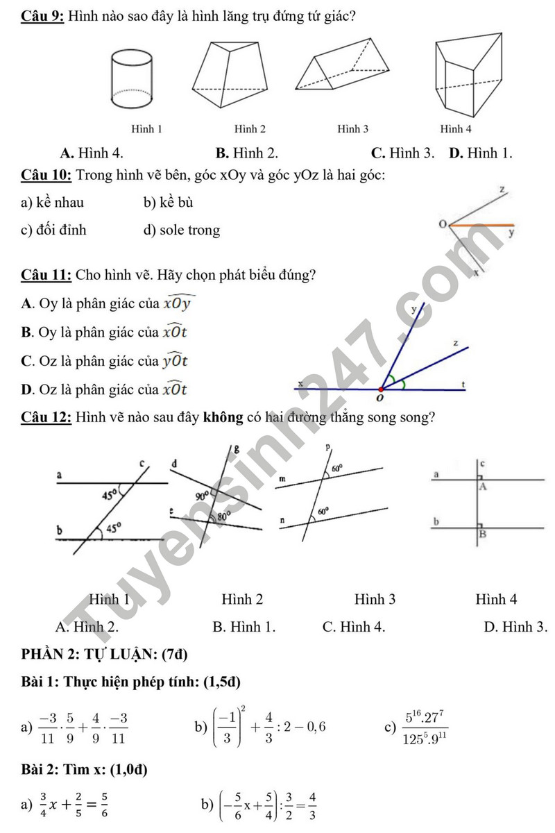 De thi cuoi ki 1 mon Toan lop 7 - THCS Tan Tuc 2023