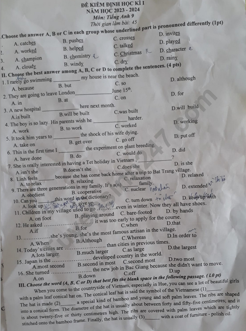 De kiem tra ki 1 mon Anh lop 9 nam 2023 - THCS Hoa Son