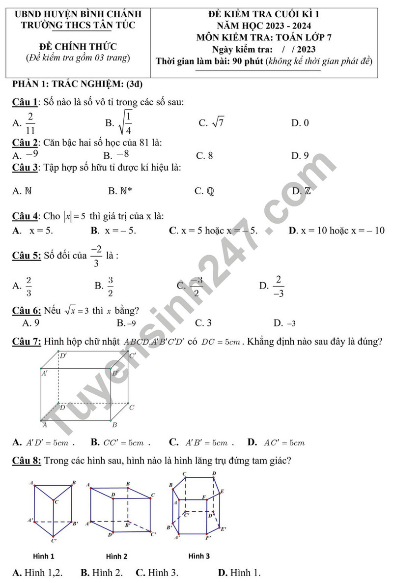 De thi cuoi ki 1 mon Toan lop 7 - THCS Tan Tuc 2023
