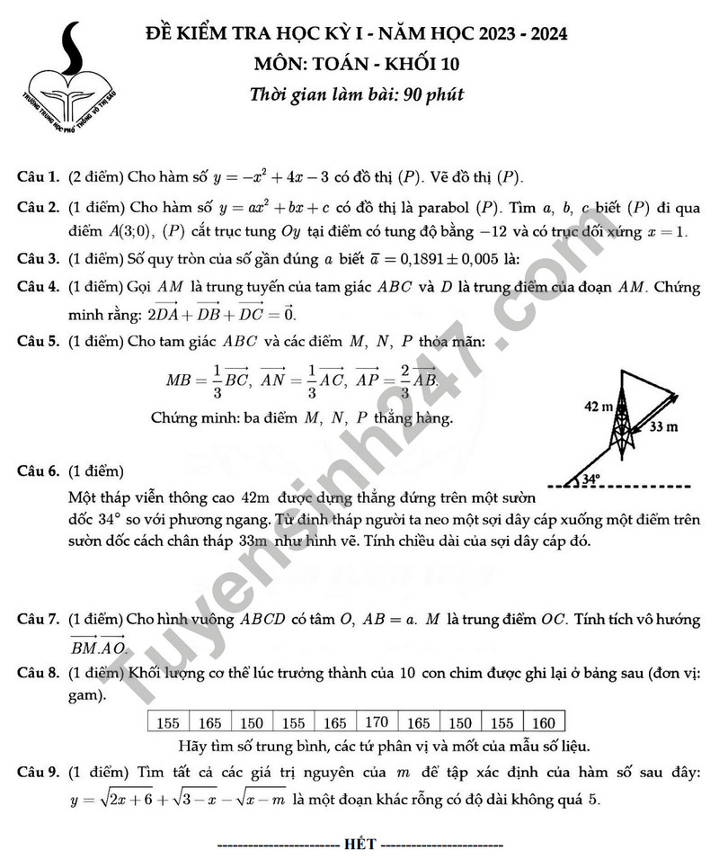 De thi cuoi ki 1 mon Toan lop 10 - THPT Vo Thi Sau 2023