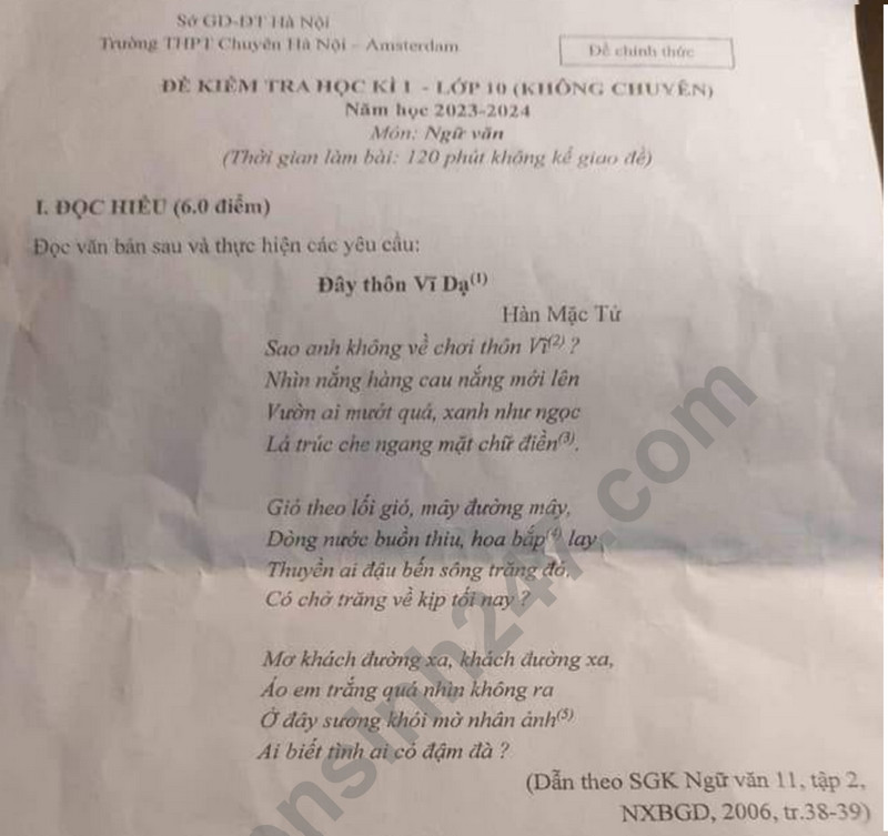 De thi ki 1 mon Van lop 10 nam 2023 - THPT Chuyen HN Amsterdam