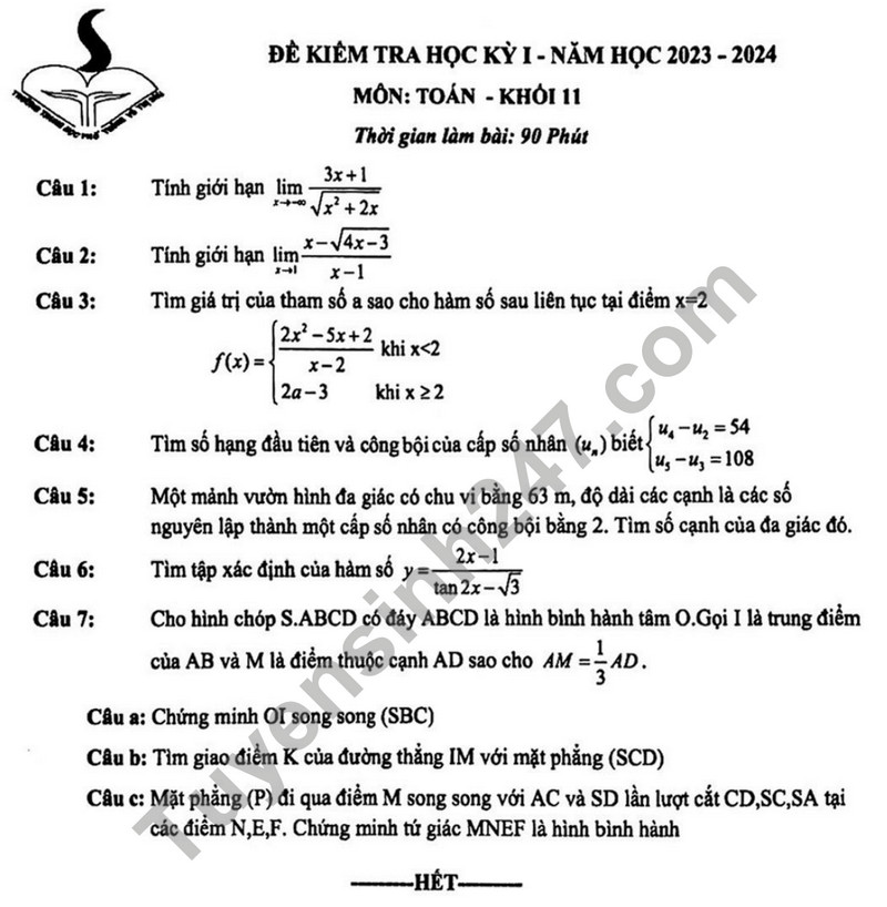 De thi cuoi ki 1 nam 2023 mon Toan lop 11 - THPT Vo Thi Sau