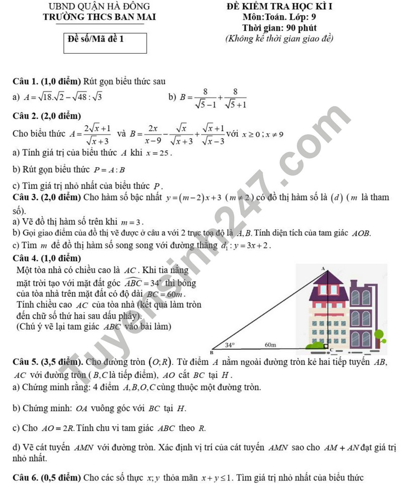 De thi hoc ki 1 mon Toan lop 9 - THCS Ban Mai 2023