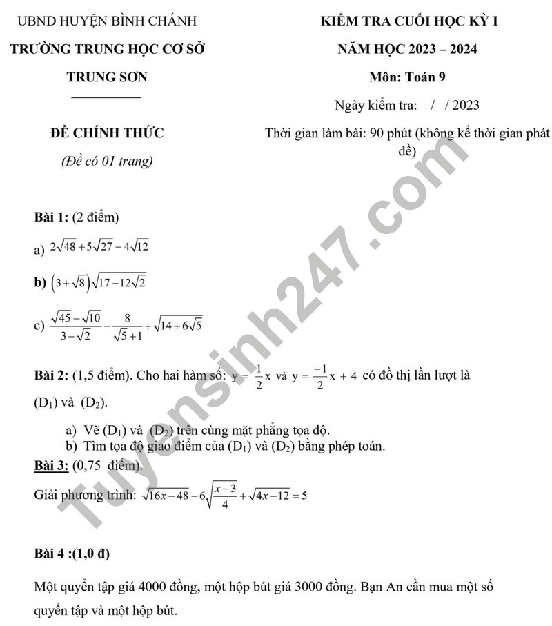 De thi cuoi ki 1 mon Toan lop 9 - THCS Trung Son 2023