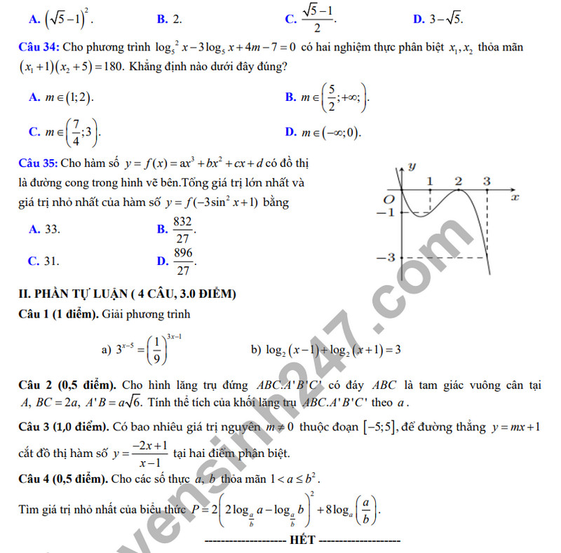 De kiem tra ki 1 mon Toan lop 12 - THPT chuyen Hung Vuong 2023