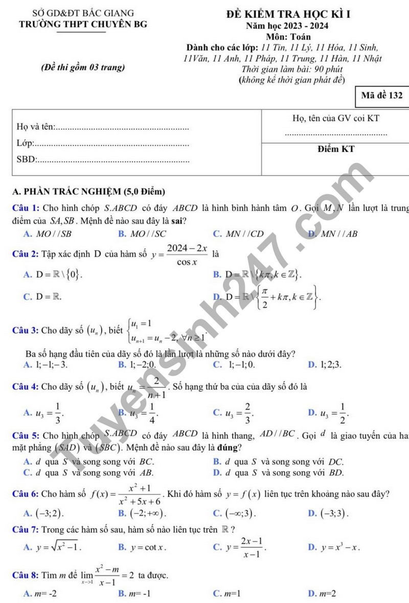 De kiem tra ki 1 mon Toan lop 11 nam 2023 - THPT chuyen Bac Giang
