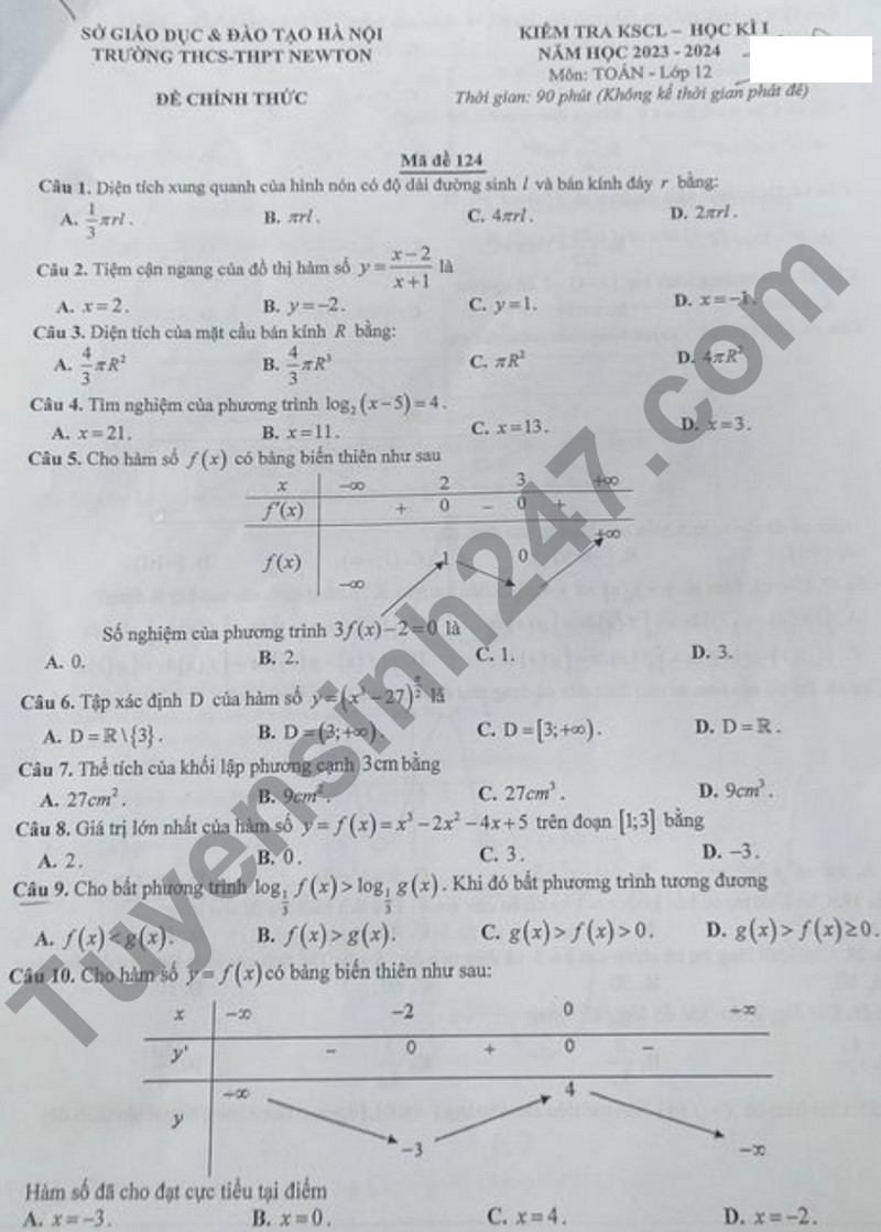 De kiem tra hoc ki 1 mon Toan lop 12 - THCS&THPT Newton 2023