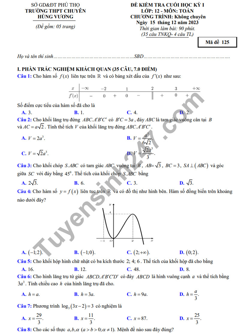De kiem tra ki 1 mon Toan lop 12 - THPT chuyen Hung Vuong 2023