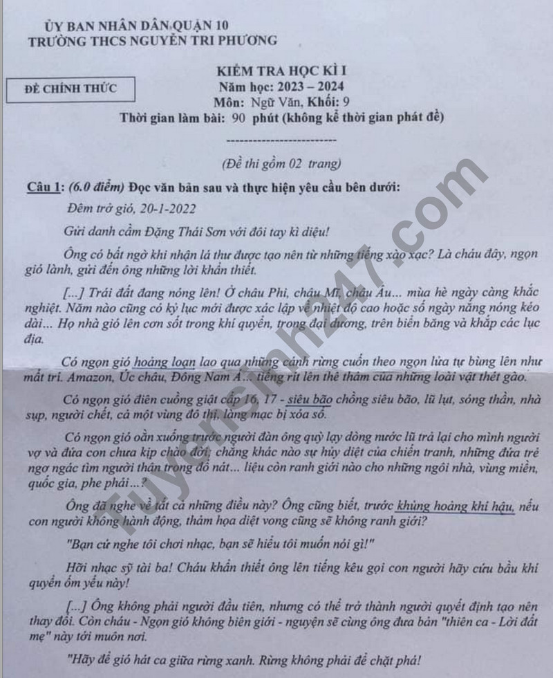 De thi ki 1 mon Van lop 9 - THCS Nguyen Tri Phuong 2023