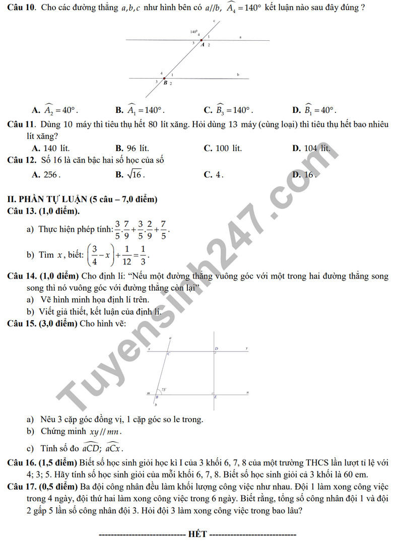 De kiem tra ki 1 mon Toan lop 7 - Trung TH Viet Anh 2 nam 2023