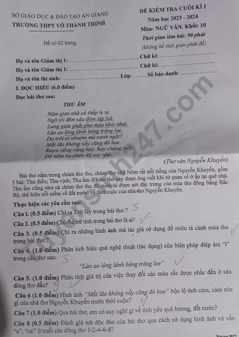 De kiem tra ki 1 mon Van lop 10 - THPT Vo Thanh Trinh 2023