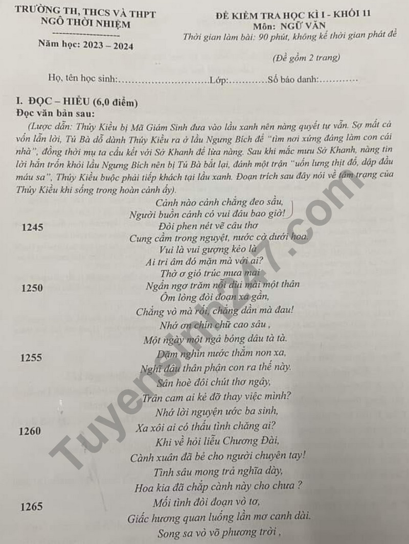 De thi ki 1 mon Van lop 11 - TH, THCS&THPT Ngo Thoi Nhiem 2023