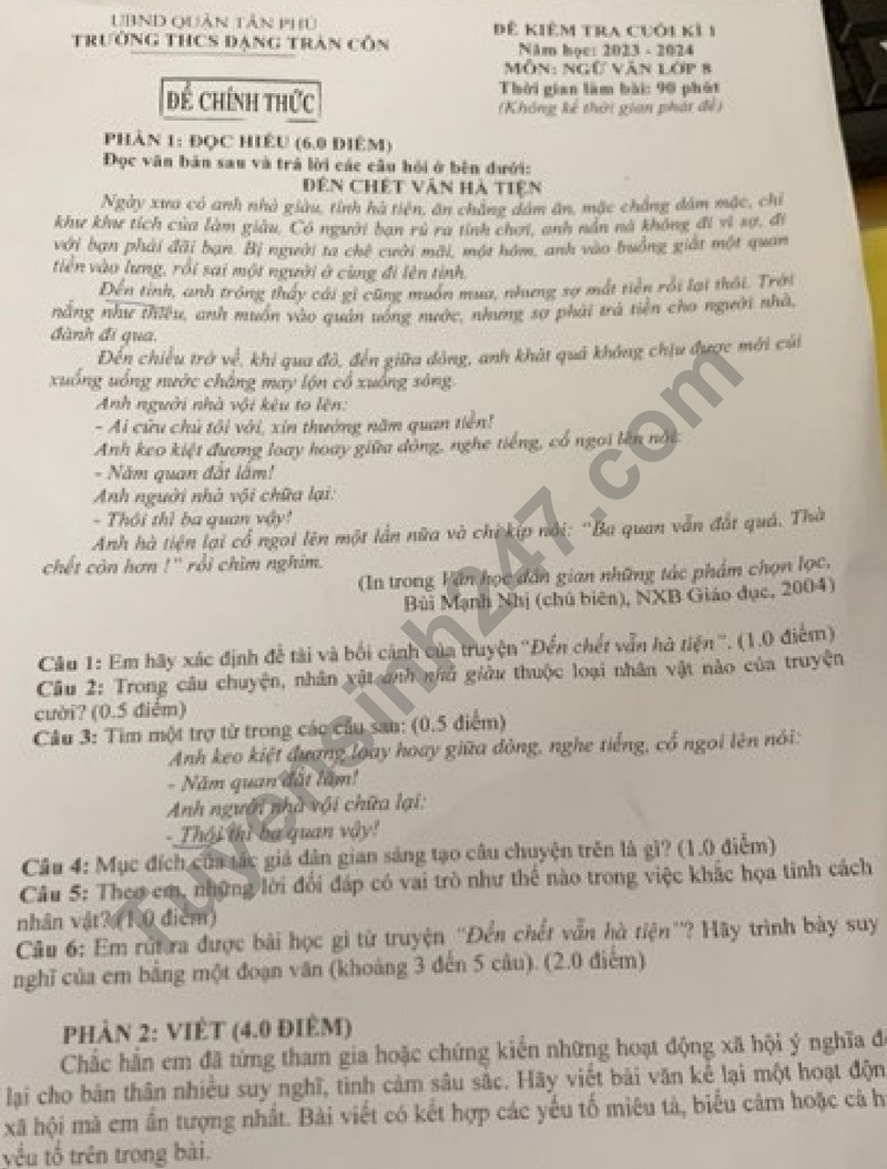 De kiem tra ki 1 mon Van lop 8 nam 2023 - THCS Dang Tran Con