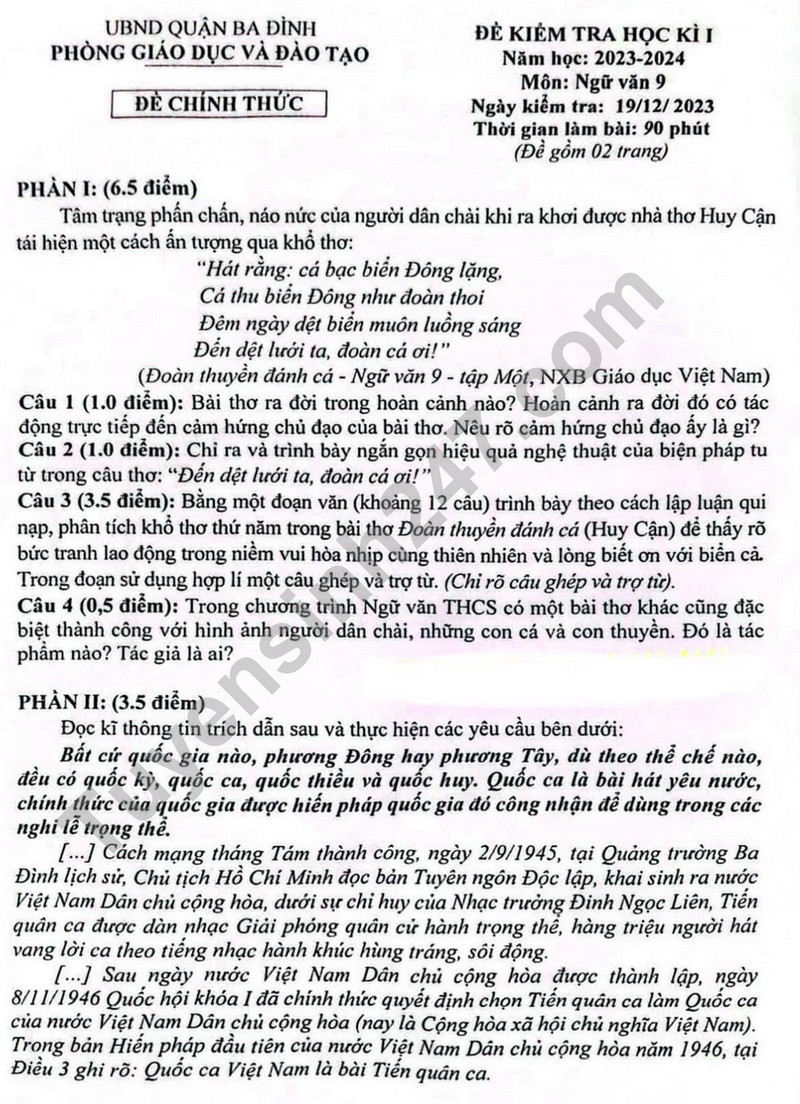 De kiem tra ki 1 mon Van lop 9 - phong GD Ba Dinh 2023