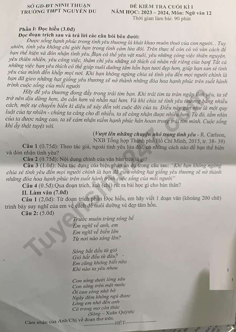 De thi hoc ki 1 mon Van lop 12 - THPT Nguyen Du 2023