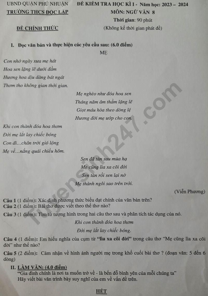 De thi ki 1 lop 8 mon Van 2023 - THCS Doc Lap